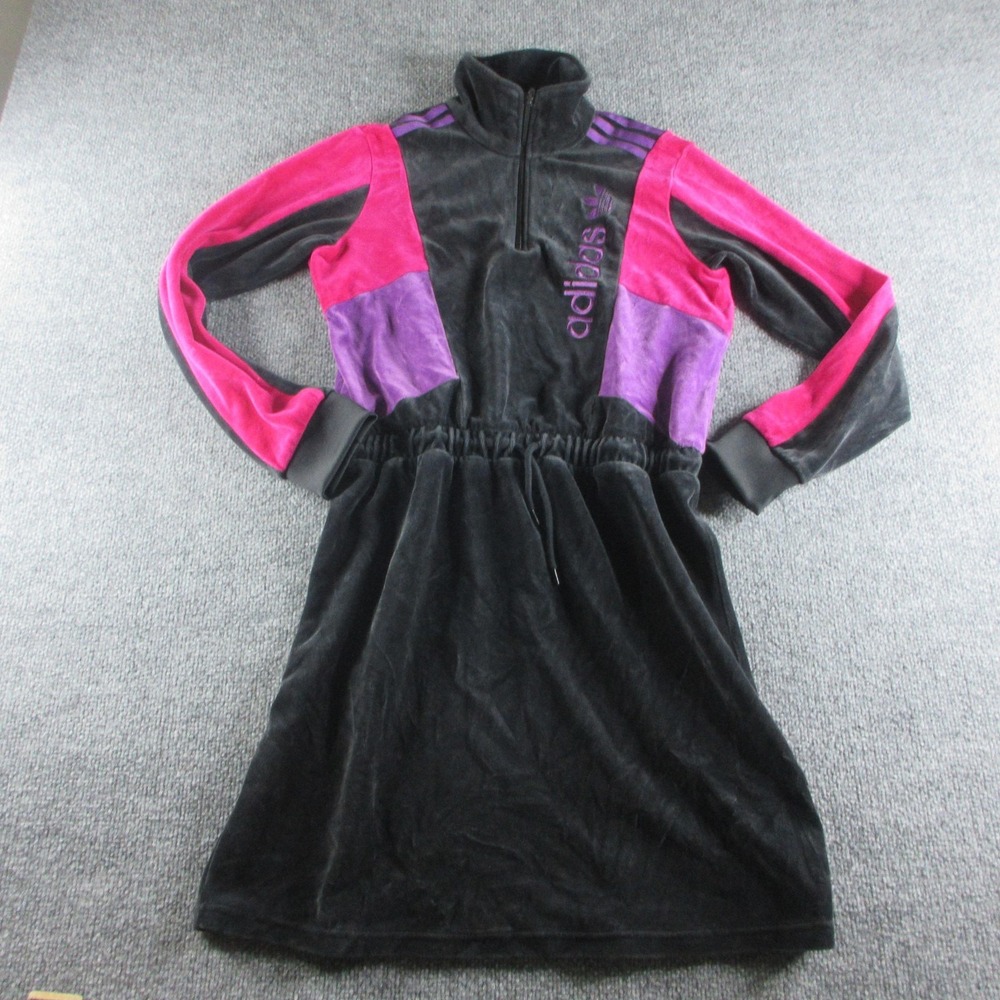 Adidas‎ Sweater Dress Womens S Black Velour Colorblock Long Sleeve Mock Neck Zip